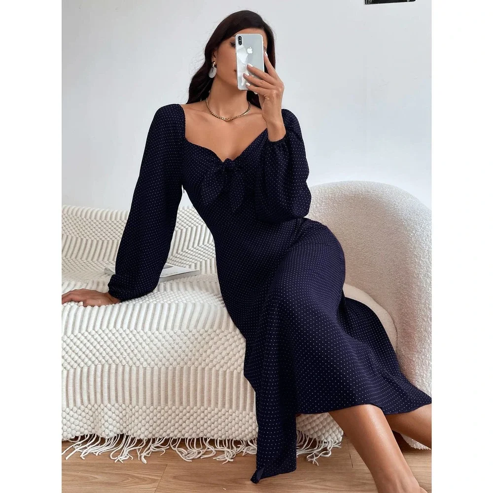 Polka Dot Print Knot Front Lantern long sleeve midi Dress rust brown - Picture 8 of 8